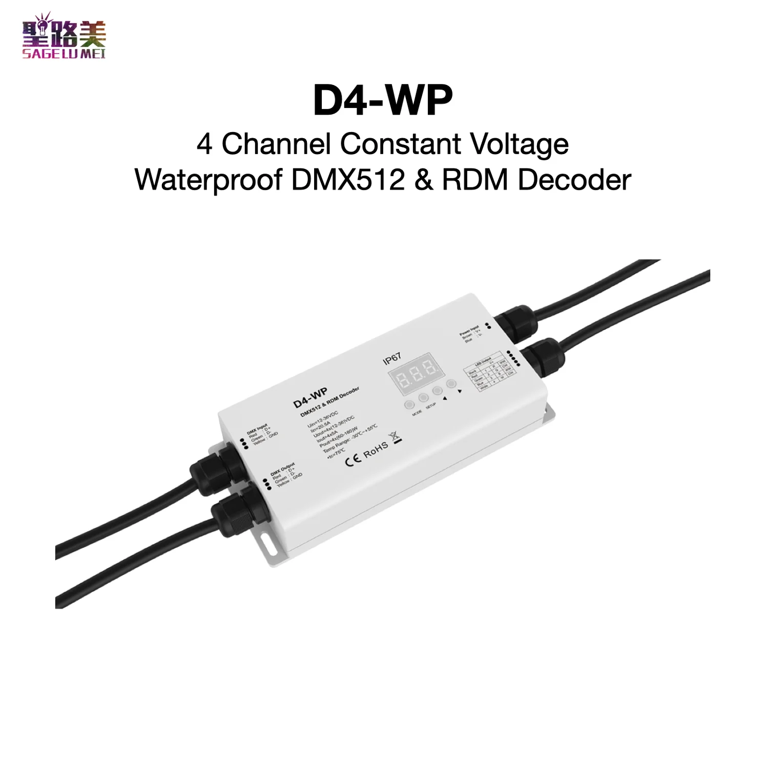 

D4-WP 4 Channel Constant Voltage Waterproof DMX512 & RDM Decoder DC 12-36V IP67 Stand-alone Function Two PWM Frequency SkyDance
