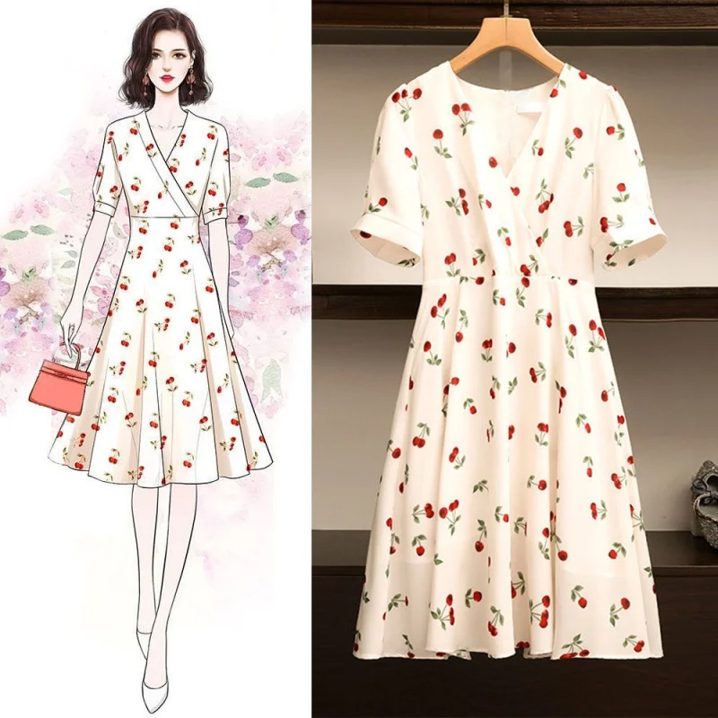 

Летние Новые платья для женщин, плюс размер, французские платья с v-образным вырезом, тонкие платья Vestido с милым принтом вишни, пышные рукава, ...