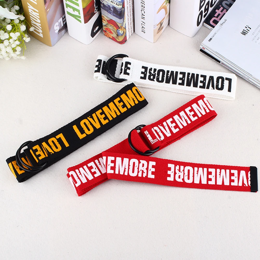 

Women Harajuku Canvas Belt Letter Printed Fashion Waistband Unisex Double D-Ring Canvas Strap Female Long Belts For Jeans