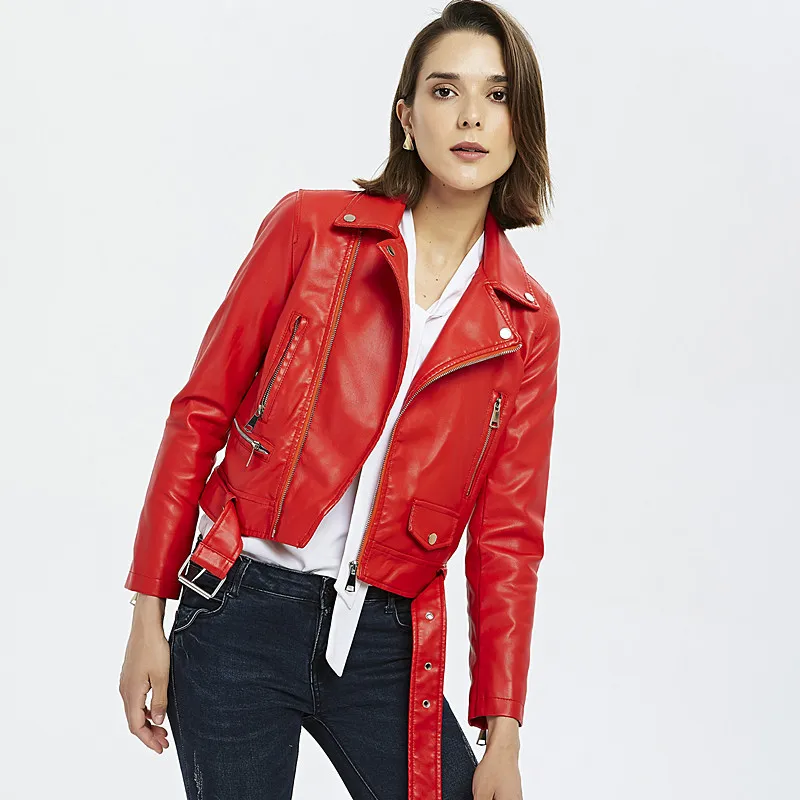 Black Pu Leather Jacket Autumn 2019 Women Red Motorcycle Coat with Sashes Short Faux Leather Biker Jacket Zipper Jacket Female