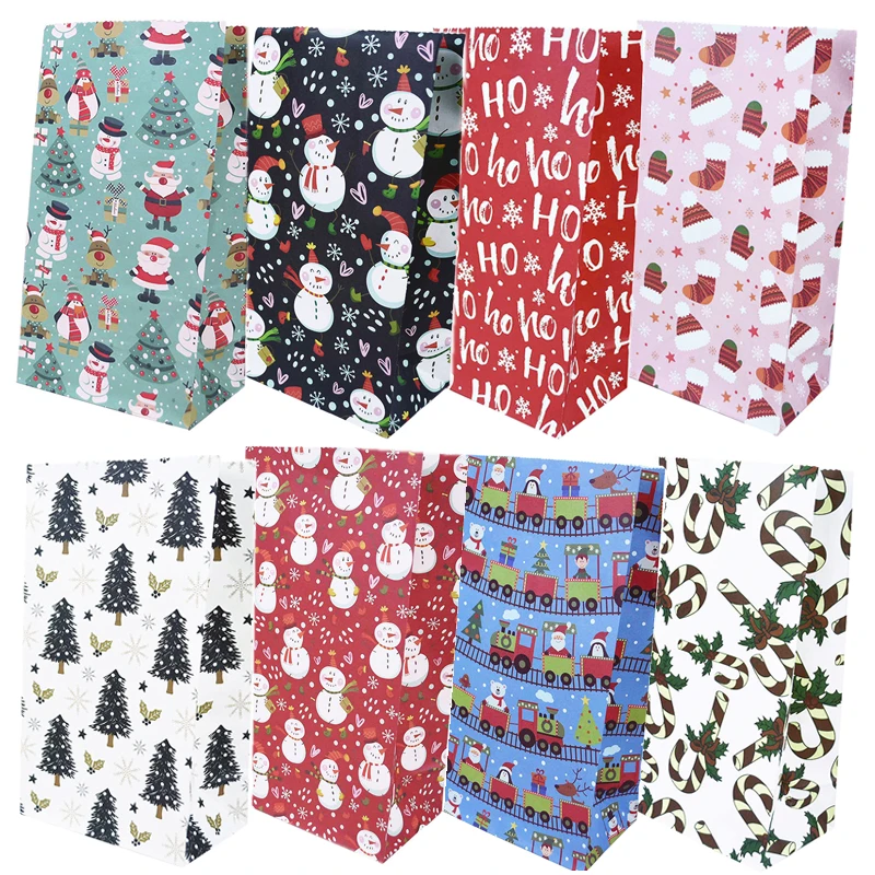 

5/10Pcs Christmas Candy Gifts Packing Bags Snowflake Santa Christmas Kraft Paper Cookie Bag For New Year Xmas Party Favors Decor