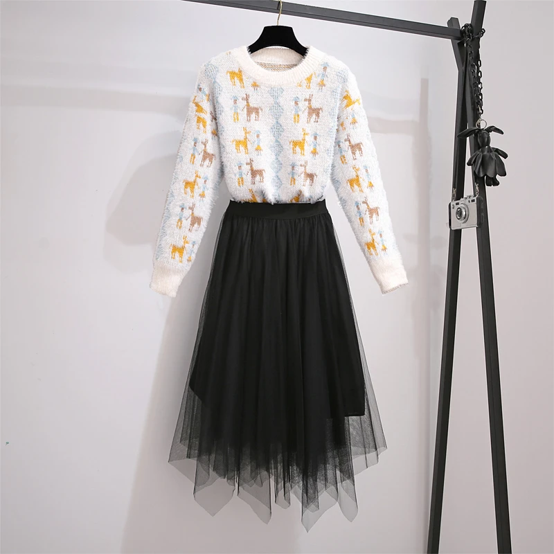 

New Fall Winter Women Warm Fashion 2 Pieces Sets Korean Casual Long Sleeve Knitted Sweater And Black Mesh Irregular Skirts Suits