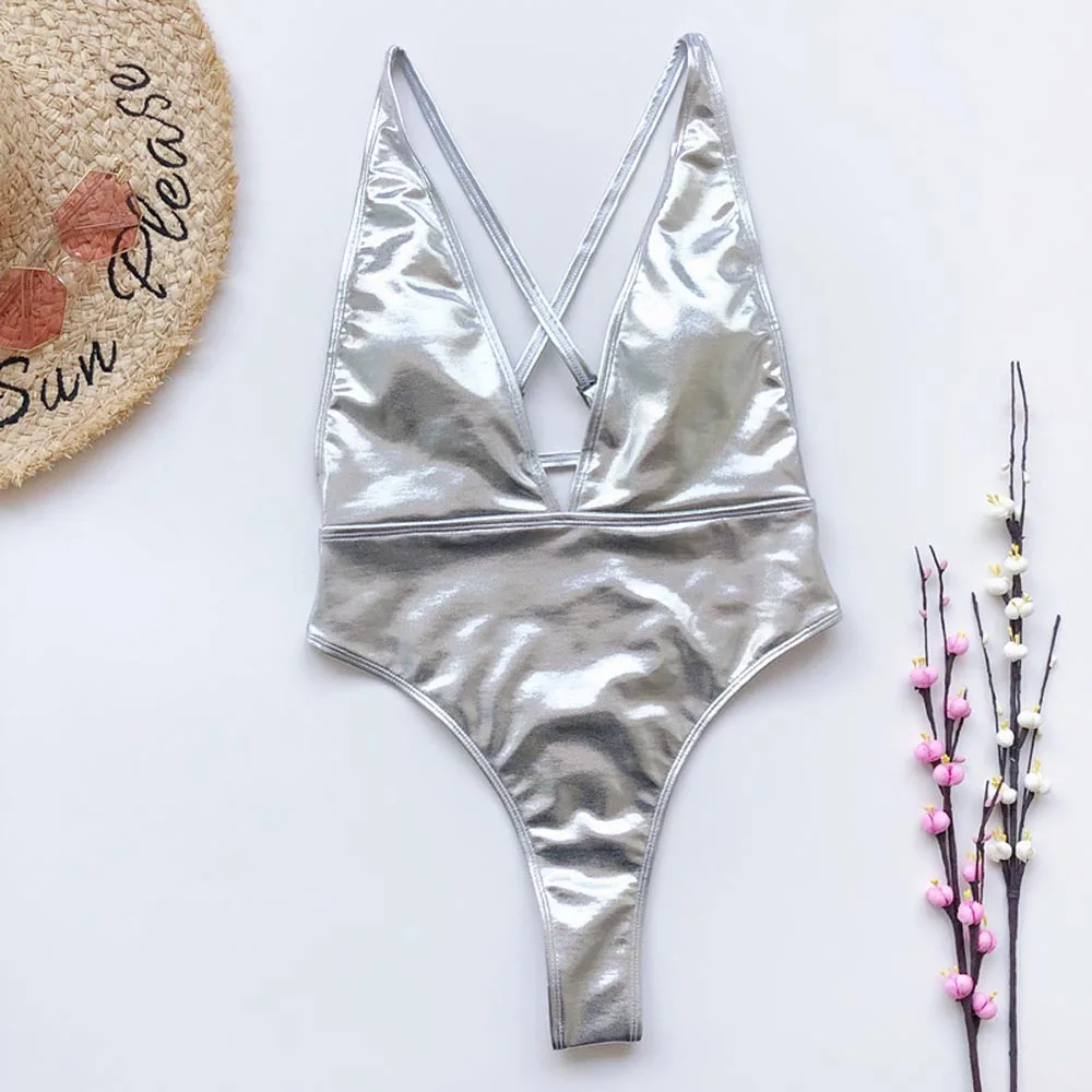 Сексуальный женский слитный купальник из искусственной кожи с глубоким