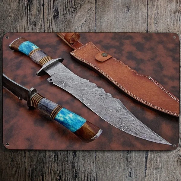 Tin Sign Handmade Bowie Knife Damascus Steel Hunting Bowie Knives (20X30cm)