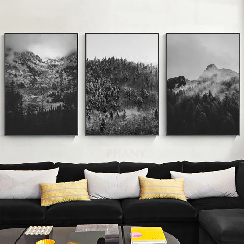 Черно-белые горы Туманный лес стены искусства картина Природа Пейзаж Плакат
