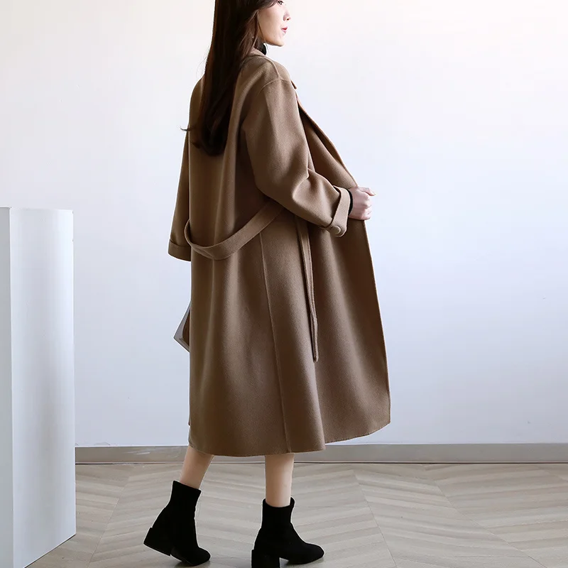 Женское двустороннее кашемировое пальто корейское свободное шерстяное средней