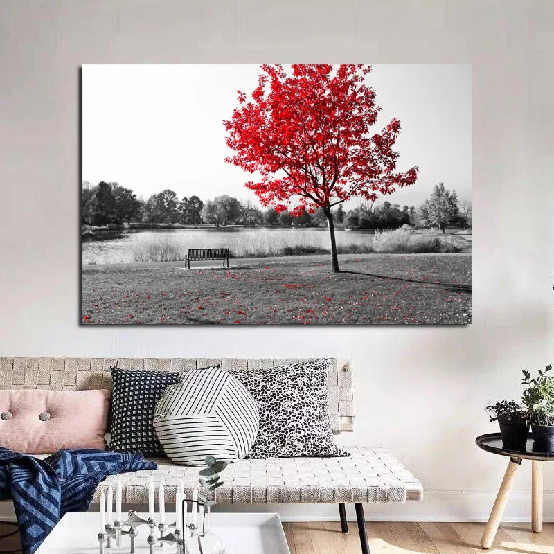 Красные листья Дерево Черный Белый парк скамейка холст картина печать гостиная