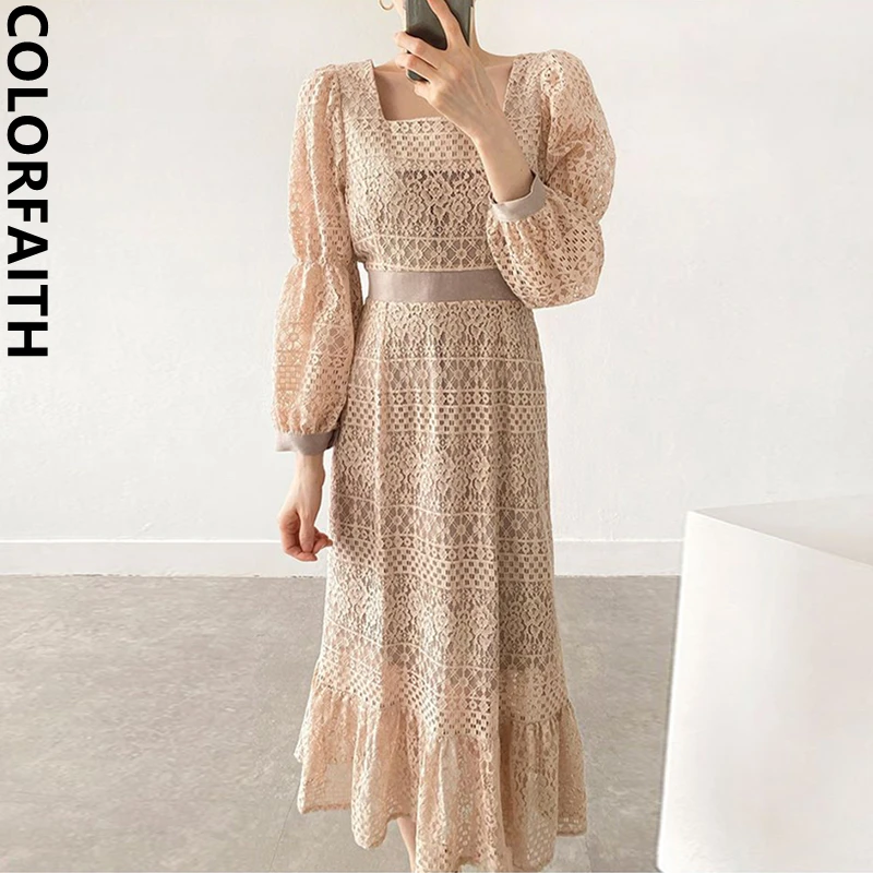 

Colorfaith New 2022 Women Lace Dresses Chic High Waist Elegant Cutout Lace Up Square Collar Spring Summer Long Dresses DR2156