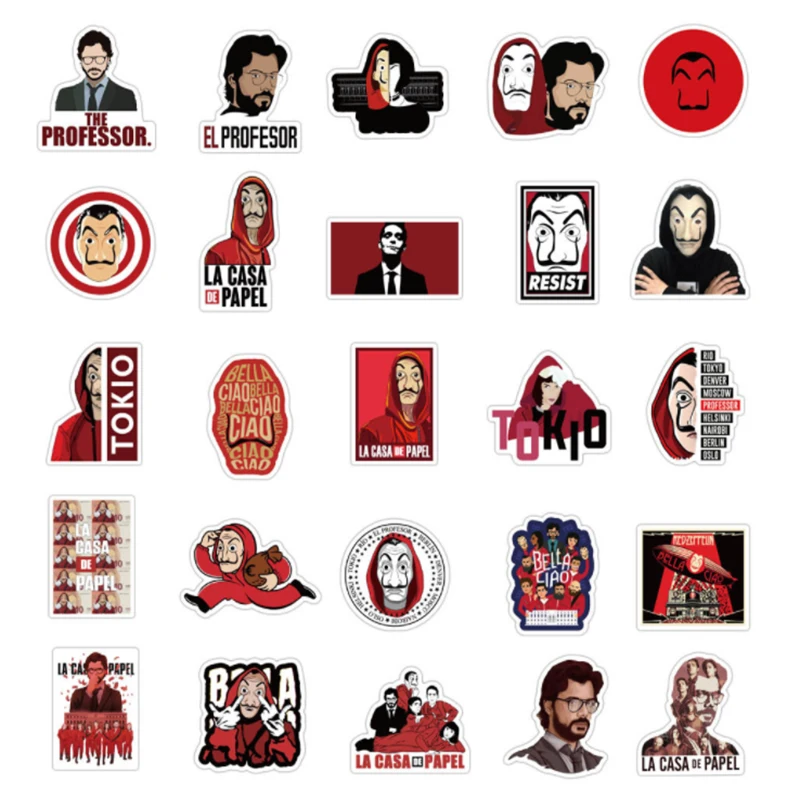 

50 pcs Spain plays Money Heist Graffiti Waterproof Skateboard Travel Suitcase Phone Laptop Luggage Stickers Cute Kids Girl Toys