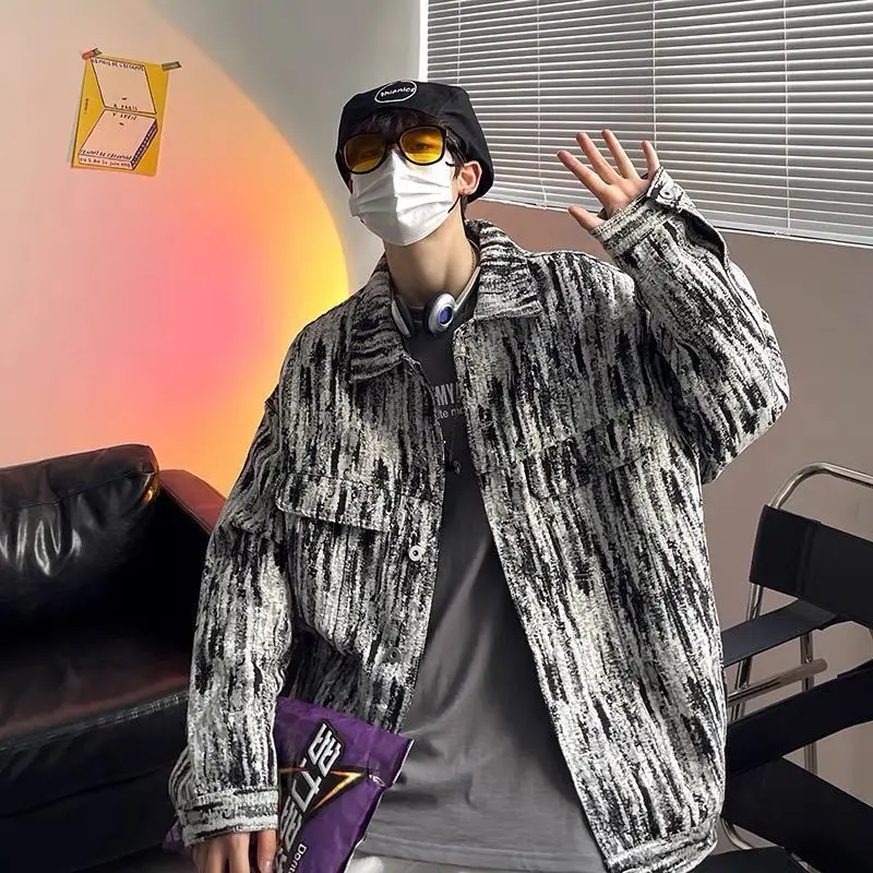 

jacket men cardigan street tie-dye denim Hong Kong-style wild male casual coats handsome fashion streetwear man clothes