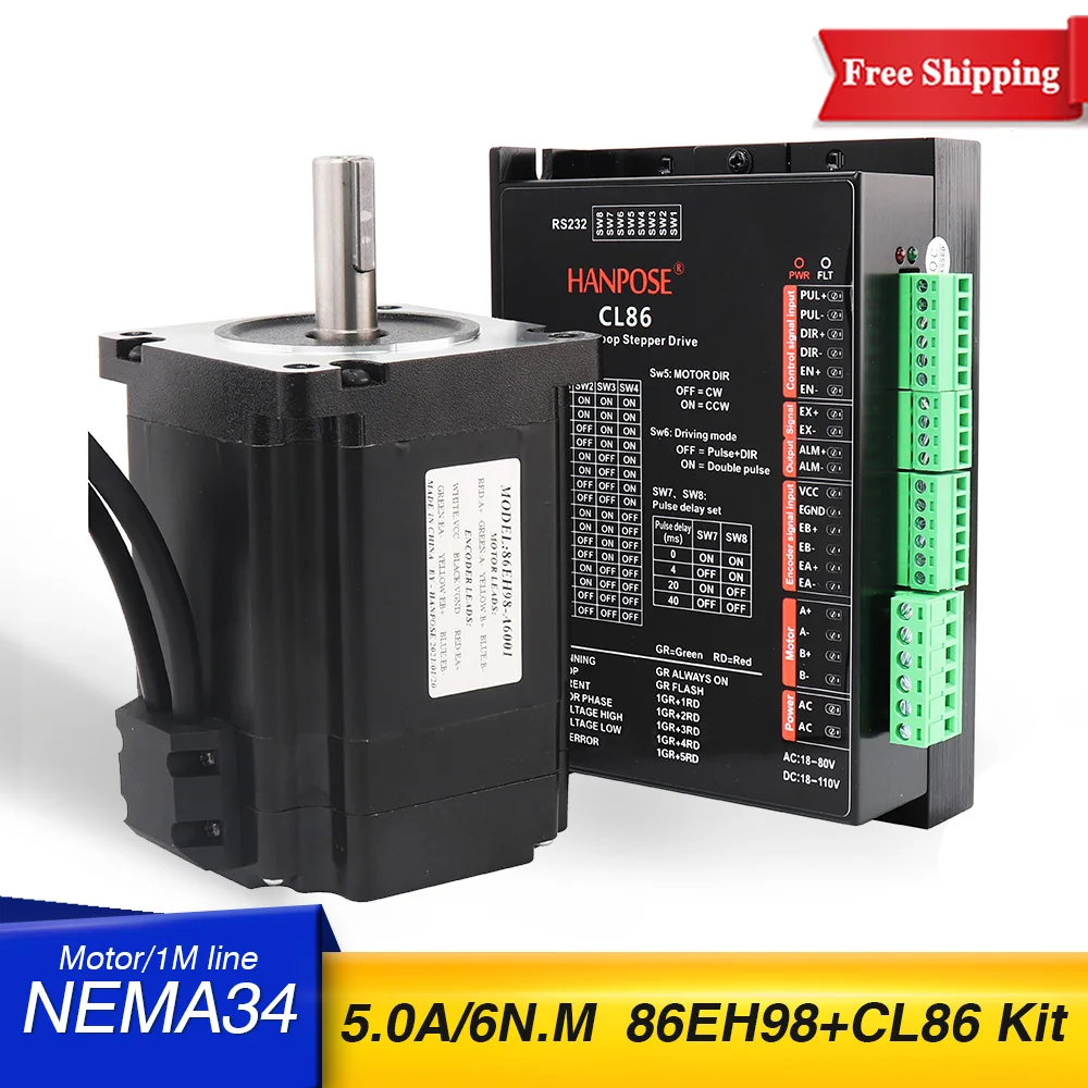 

Free Shipping Nema 34 5.0A 6N.m Closed Loop Stepper Motor Kit Hybird Servo Driver CL86 + 86EH98A5001 2 Phase Stepper Motor