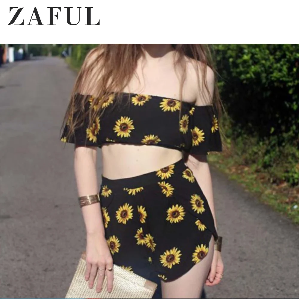 ZAFUL Повседневный 2 из двух частей женщины подсолнечника принт лето с плеча - Фото №1