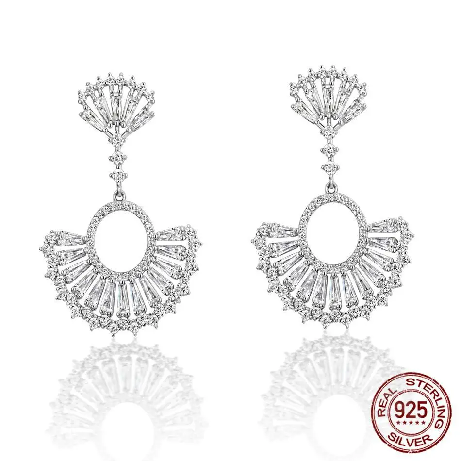 

925 Sterling Silver Earrings White Zircon Diamond Drop Earrings For Women Scalloped Real Gold White Gold Plated Fine Jewelry
