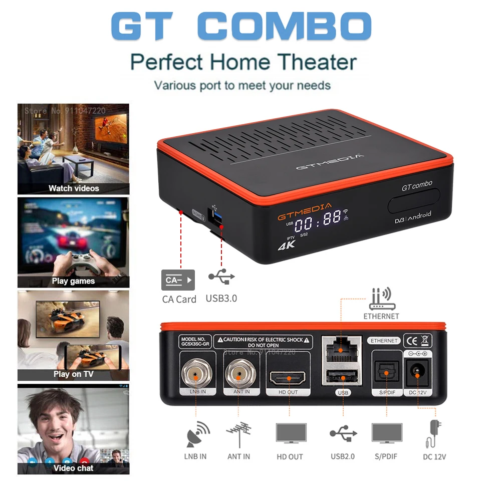 GTMEDIA GTCombo 4K 8K Android 9.0 TV BOX DVB-S2 T2 Cable 2G+16G Satellite Receiver H.265 10bit M3U Ccam Built In WiFi Decoder |