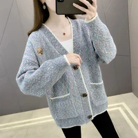 autumn and winter womens knitted cardigan sweater chenille jacket loose top pocket v neck warm jacket harajuku sweater