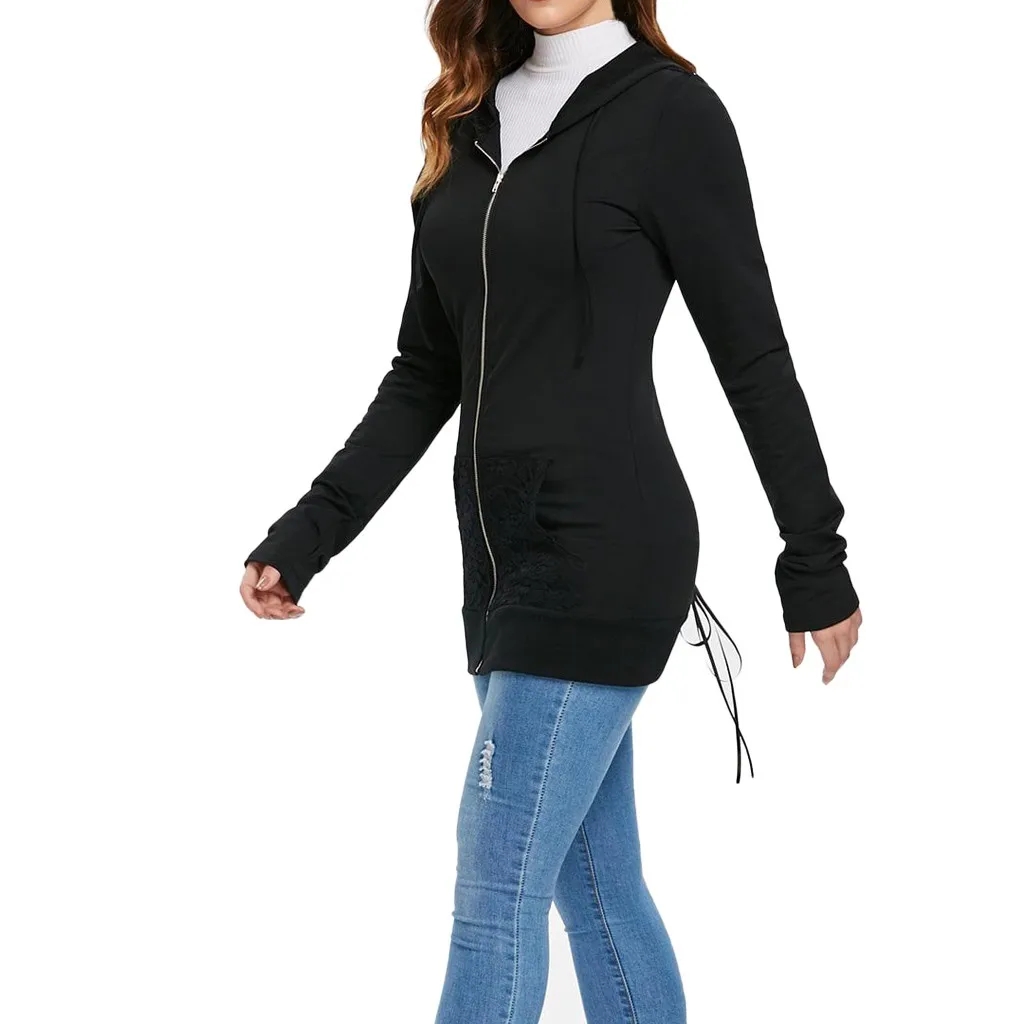 Women Bandage Long Sleeve Casual Lace Up Back Zip Up Hoodie Sweatshirt Streetwear Women Oversized Hoodies Moletom Feminino