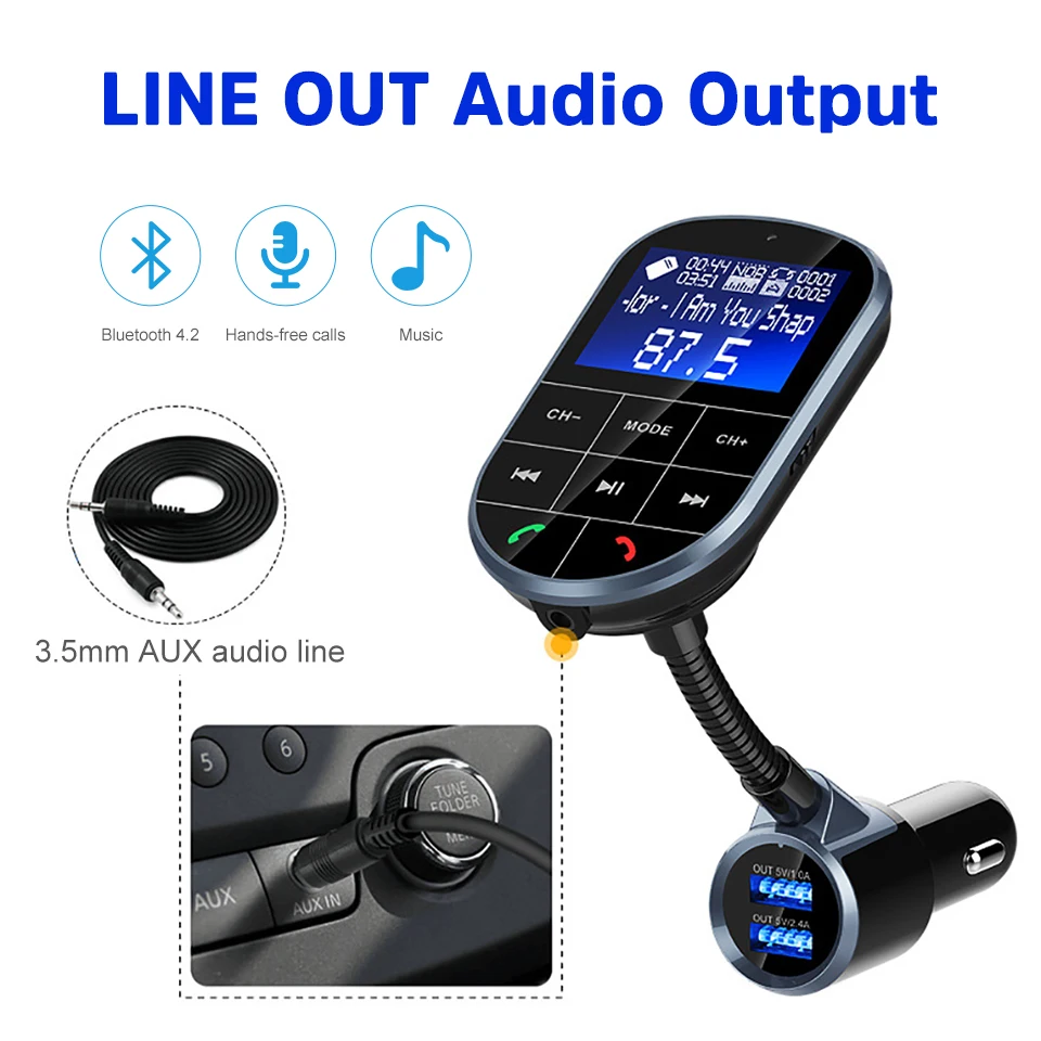 AOSHIKE, 2,4 дюймов, 12 В, 24 В, автомобильный Bluetooth, беспроводной приемник, fm-передатчик, прикуриватель, 5 В, а, MP3, двойной USB, AUX