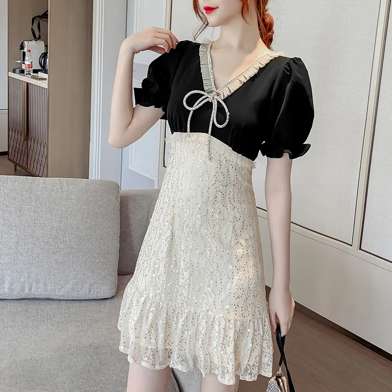 

2021 Summer New French Style Temperament V-neck Bow Chiffon Patchwork Waist-Slimming Slimming Puff Sleeve Dress for Women
