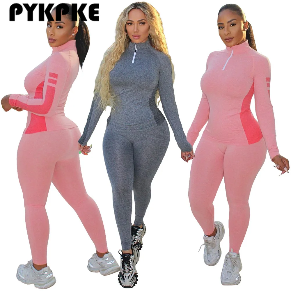 

Autumn Winter Set Sports Fitness Long Sleeve Zipper Top +Leggings Gyms Clothing Casual Outfits