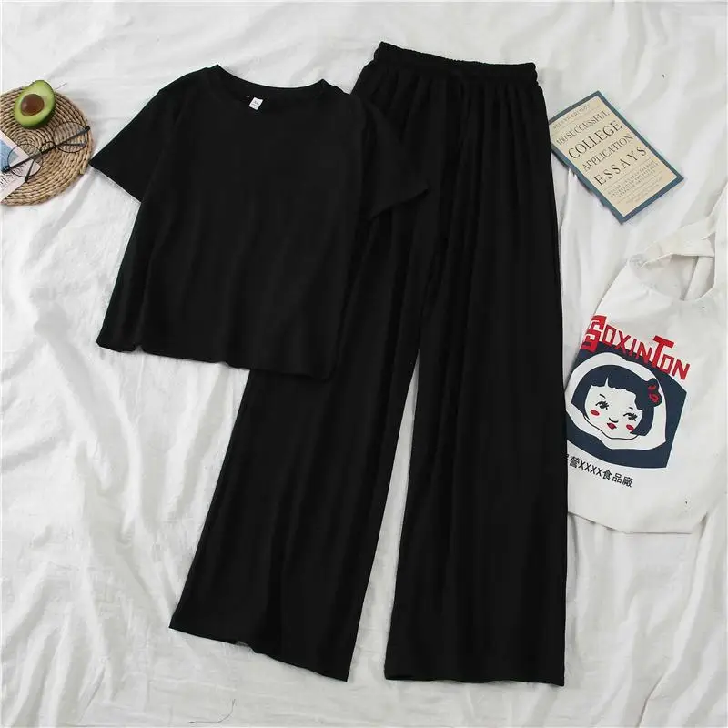 

Women 2020 Summer Jogger Casual Simple Daily Sets Solid Tracksuit Short Sleeve Tops + Wide Leg Pants 2Pcs Suits Sport Wear L201
