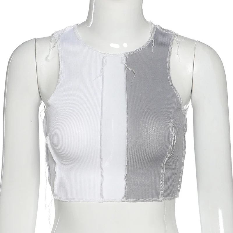 

Sleeveless See-through Sexy Crop Top Women Mesh Patchwork Design Tank Tops Punk Style Street Casual Wear Wild Vest Female