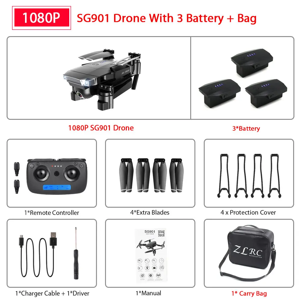 SG901 1080P 3B Bag ZWN SG907 SG901 gps Радиоуправляемый квадрокоптер с Wifi FPV 1080P 4K HD Двойная камера оптический поток Дрон следуй за мной мини Дрон VS SG106 E502S - Цвет: SG901 1080P 3B Bag