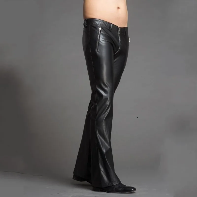 Высококачественные мужские расклешенные брюки из искусственной кожи женские
