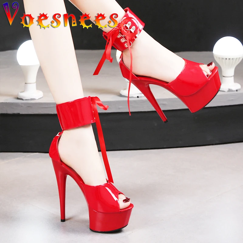 

Thin Heels Red Adult Stripper Shoes Women's Summer Sandals Platform Solid Color Ankle Strap Pumps Patent Leather Women Bed Shoes