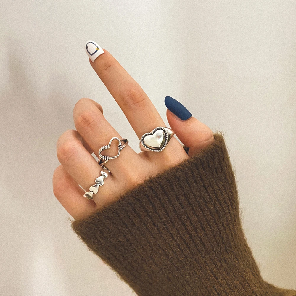 

Silver Color Hollowed Heart Shape Open Ring Set Design Cute Fashion Love Jewelry For Women Girl Gifts Adjustable Birthday Party