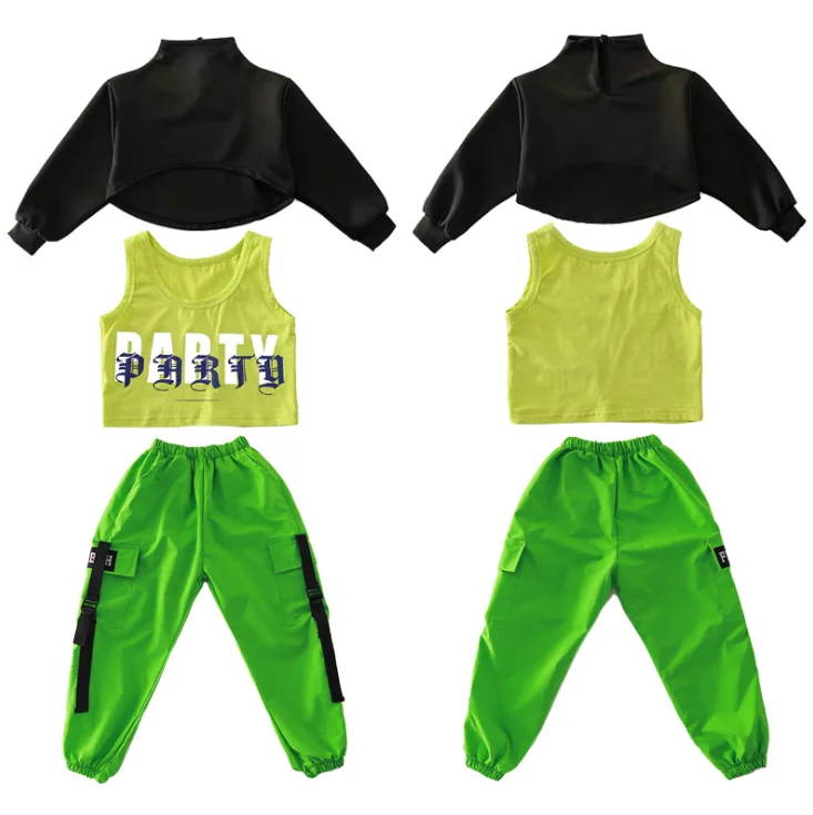 Костюм джазовый для бальных танцев одежда хип-хоп зеленый укороченный топ