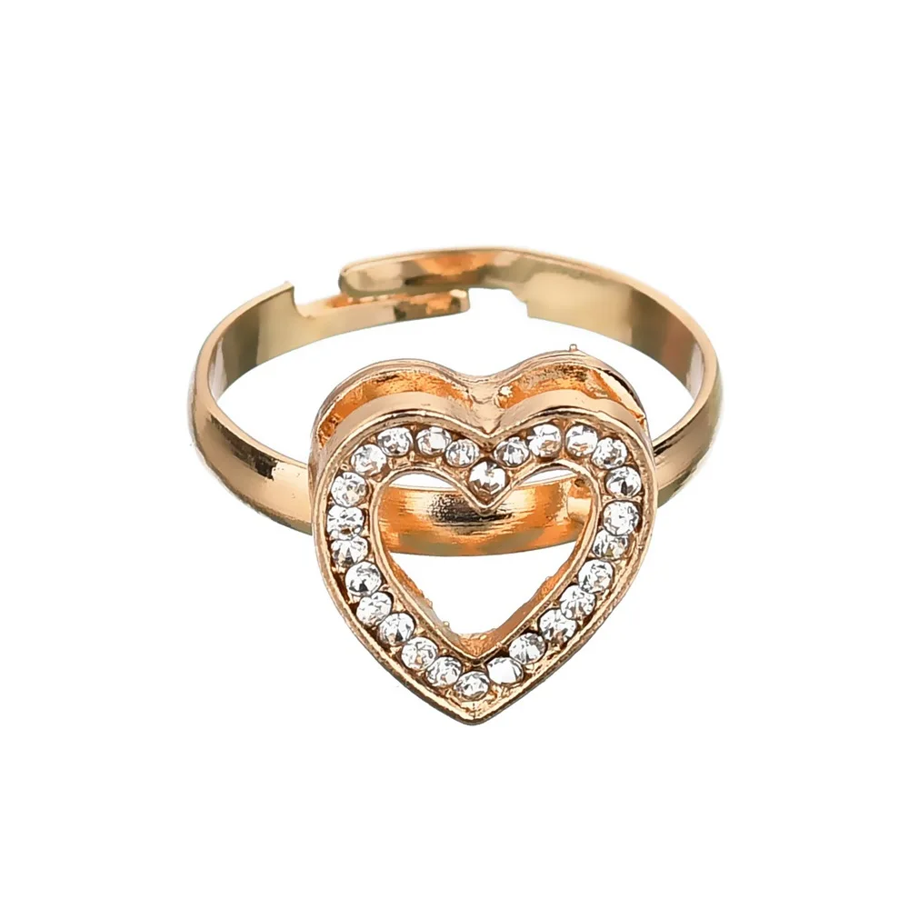 

4pcs/set Rhinestone Heart-shape Necklace Earrings Opening Bracelet Finger Ring for Women Fashion Luxury Jewelry Set