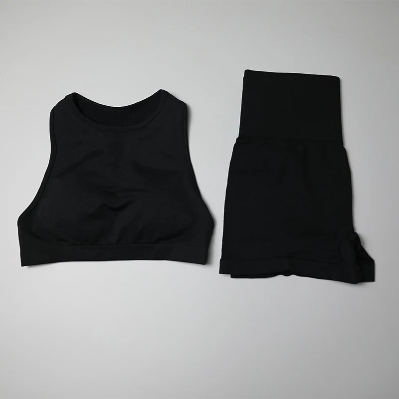 black Бесшовный комплект для йоги Женская одежда для фитнеса спортивная женская спортивная одежда с высокой талией спортивные шорты Reacerback спортивный бюстгальтер Топ 2 шт. спортивные костюмы - Цвет: black