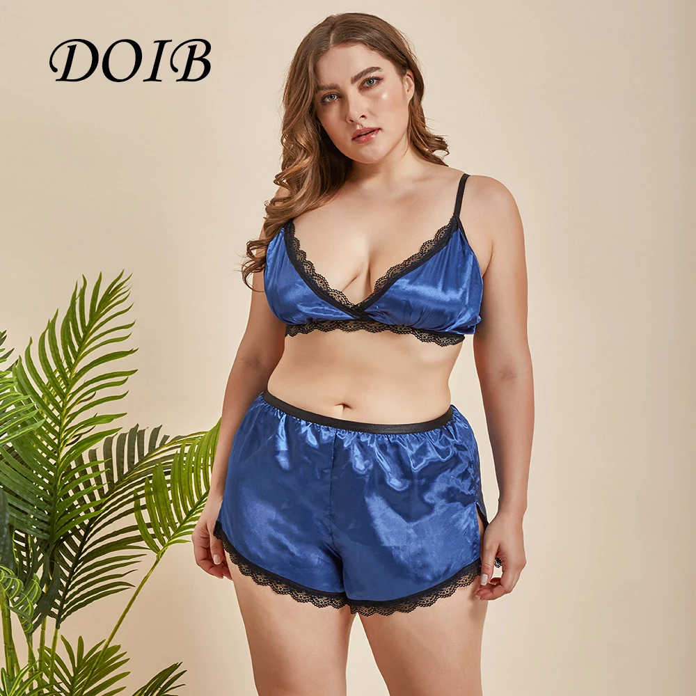 

DOIB Women Spaghetti Strap Satin Silk Pajamas Set Sexy Blue Sleepwear 2 Pieces Set Homewear Short Plus Size Nightwear