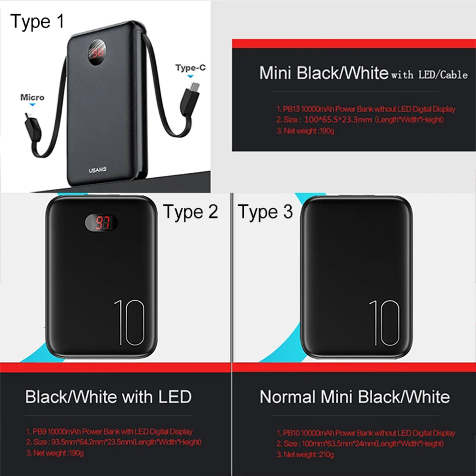 USAMS power Bank светодиодный дисплей mi ni power bank Внешняя батарея Poverbank зарядка Pover bank с usb-кабелем для xiaomi mi iPhone