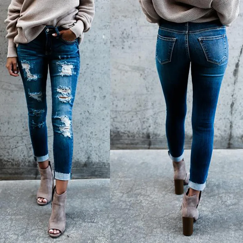 

Ladies Ripped Jeans Fashion High Waist Big Ripped Women Jeans Casual Tight Fitting Ripped Stretch Pants Cropped Trousers джинсы