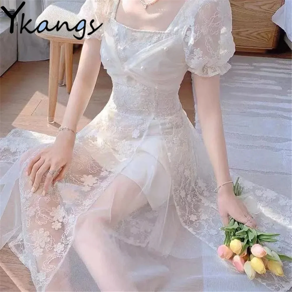 

Женское Сетчатое платье с вышивкой, элегантное винтажное облегающее платье с коротким рукавом и квадратным вырезом, украшенное жемчугом, о...