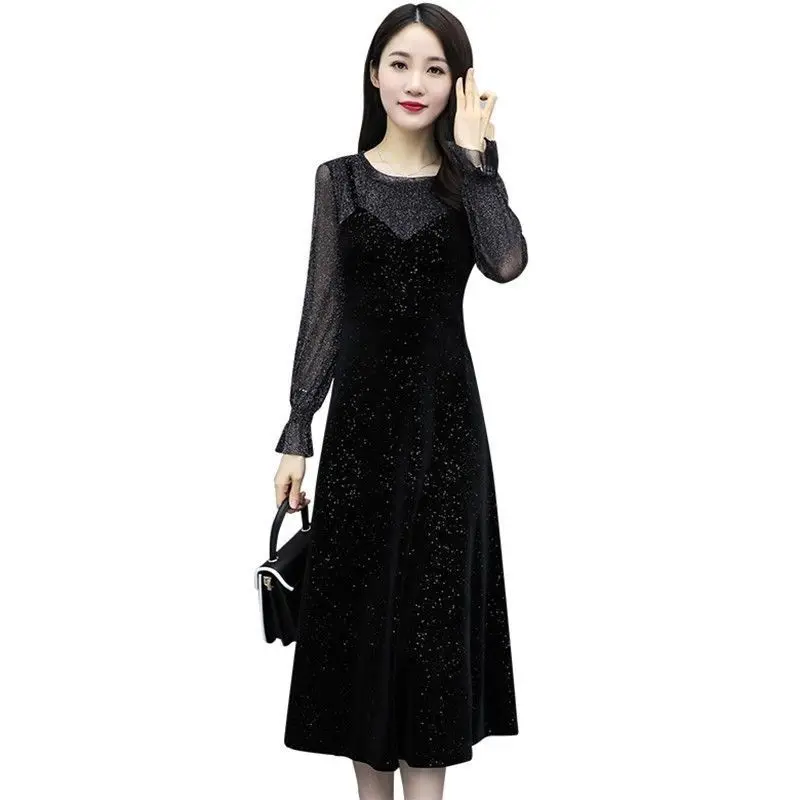 

2021 Spring New Large Women's Dress Fat Sister Fake Two Pieces Of Fashion Temperament Sequin Dress