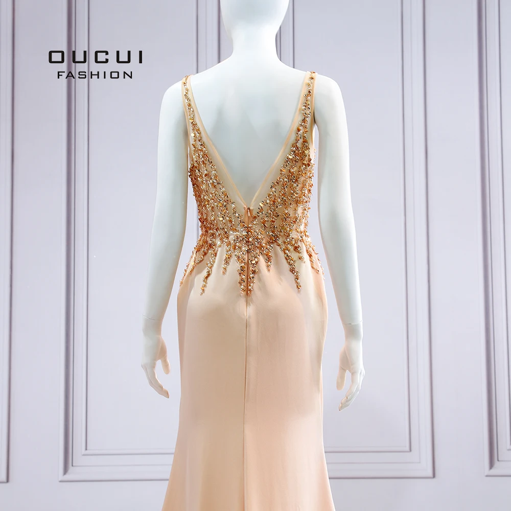 Трапециевидные Длинные вечерние платья Robe De Soiree с v-образным вырезом на спине со шлейфом со стразами без рукавов вечерние платья OL103541