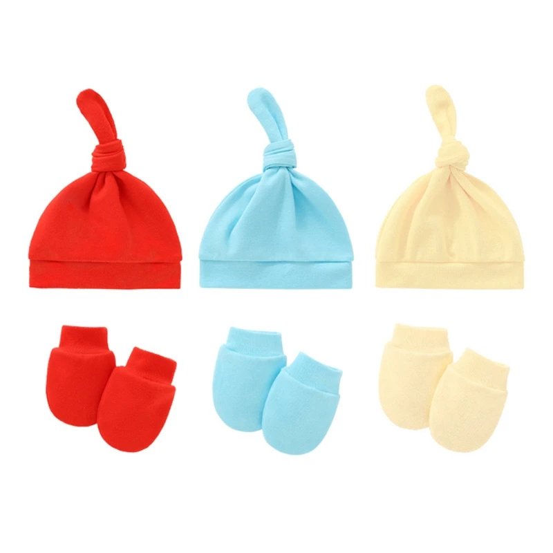 

Baby Anti-scratching Gloves Knotted Hat Set Newborn Mittens Warm Beanie Kit