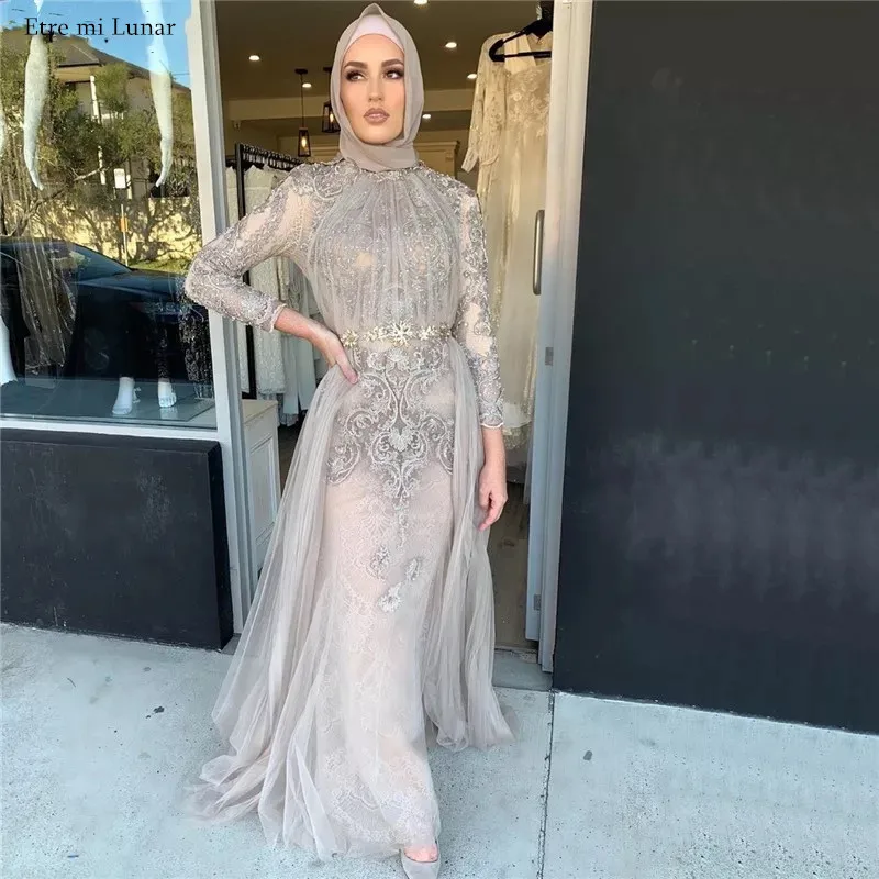 

Muslim Grey Long Mermaid Lace Evening Dresses 2020 Long Sleeves Handmade Flowers Formal Dress LE4044