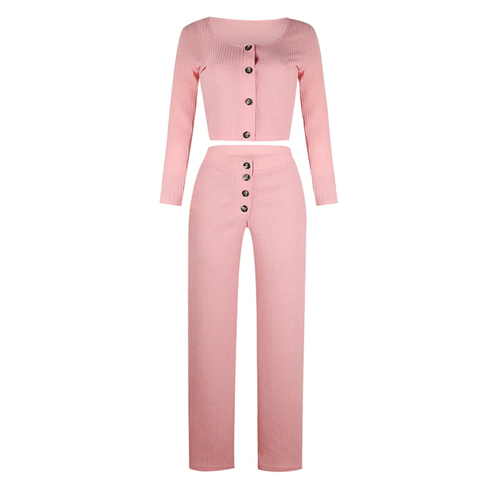 White Spring Women's 2 Piece Knitted Outfits Button Square Collar Long-Sleeve Crop Top Pants Two Set Women Party Clothes | Женская