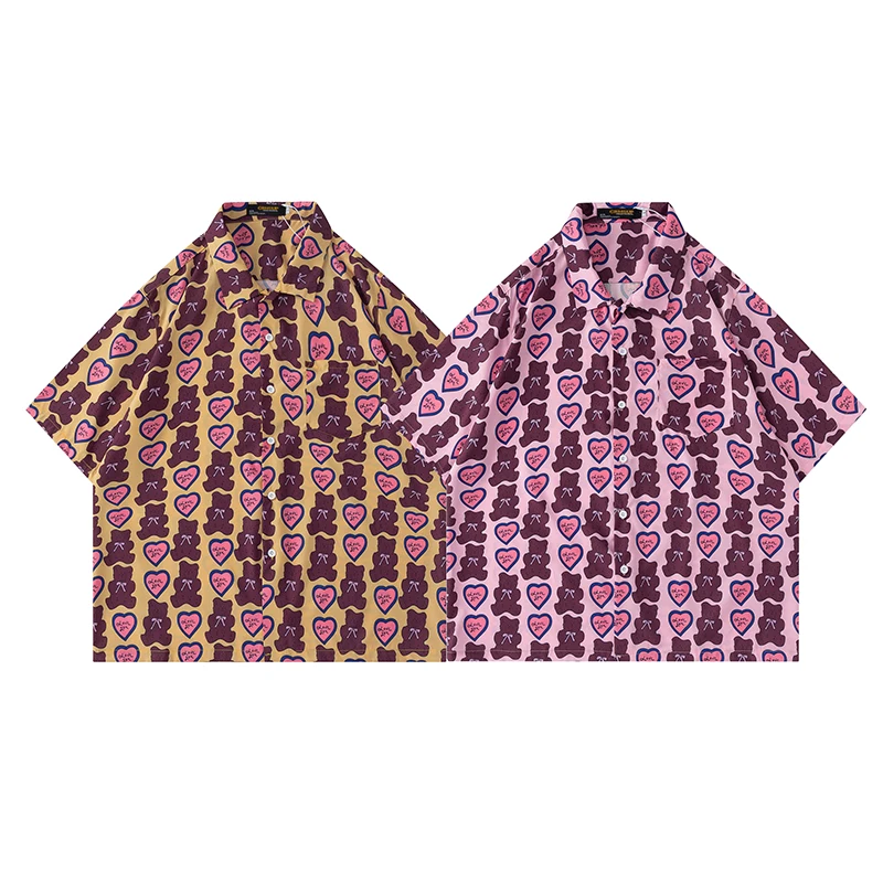 2021 Гавайские рубашки с милым принтом сердечек медведя Мужская Летняя