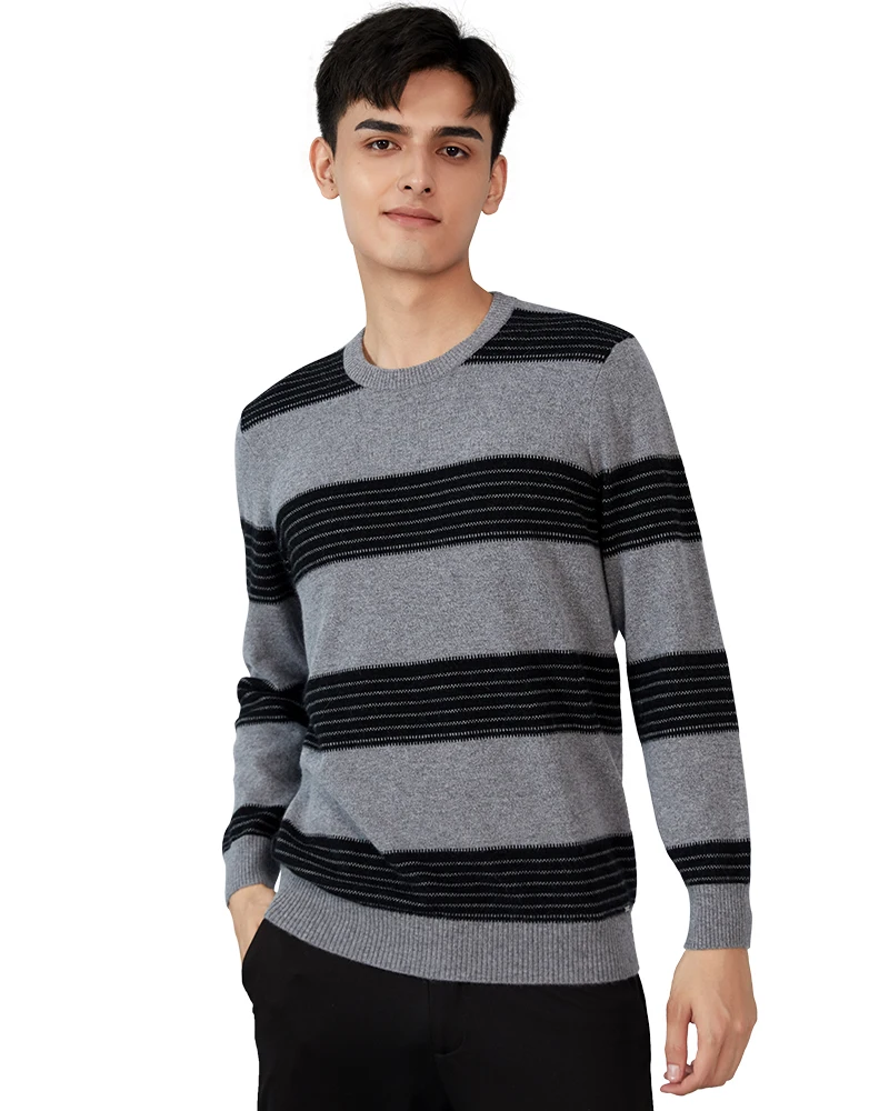 Zhili Men's 100% Cashmere Knit Stripes Crewneck Pullover Sweater