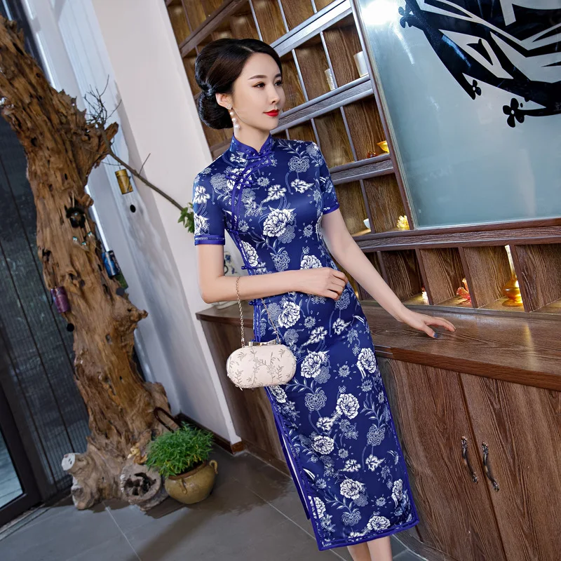 

Vintage Ladies Slim Cheongsam Chinese Style Long Qipao Elegant Woman Party Dress Spring Button Gown Vestidos Large Size M-4XL