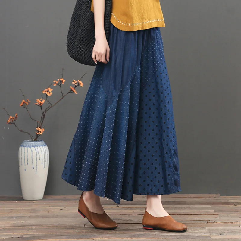 

TIYIHAILEY Free Shipping 2021 Long Maxi A-line Skirt Women Elastic Waist Spring Autumn Denim Jeans Vintage Skirt Print Patchwork