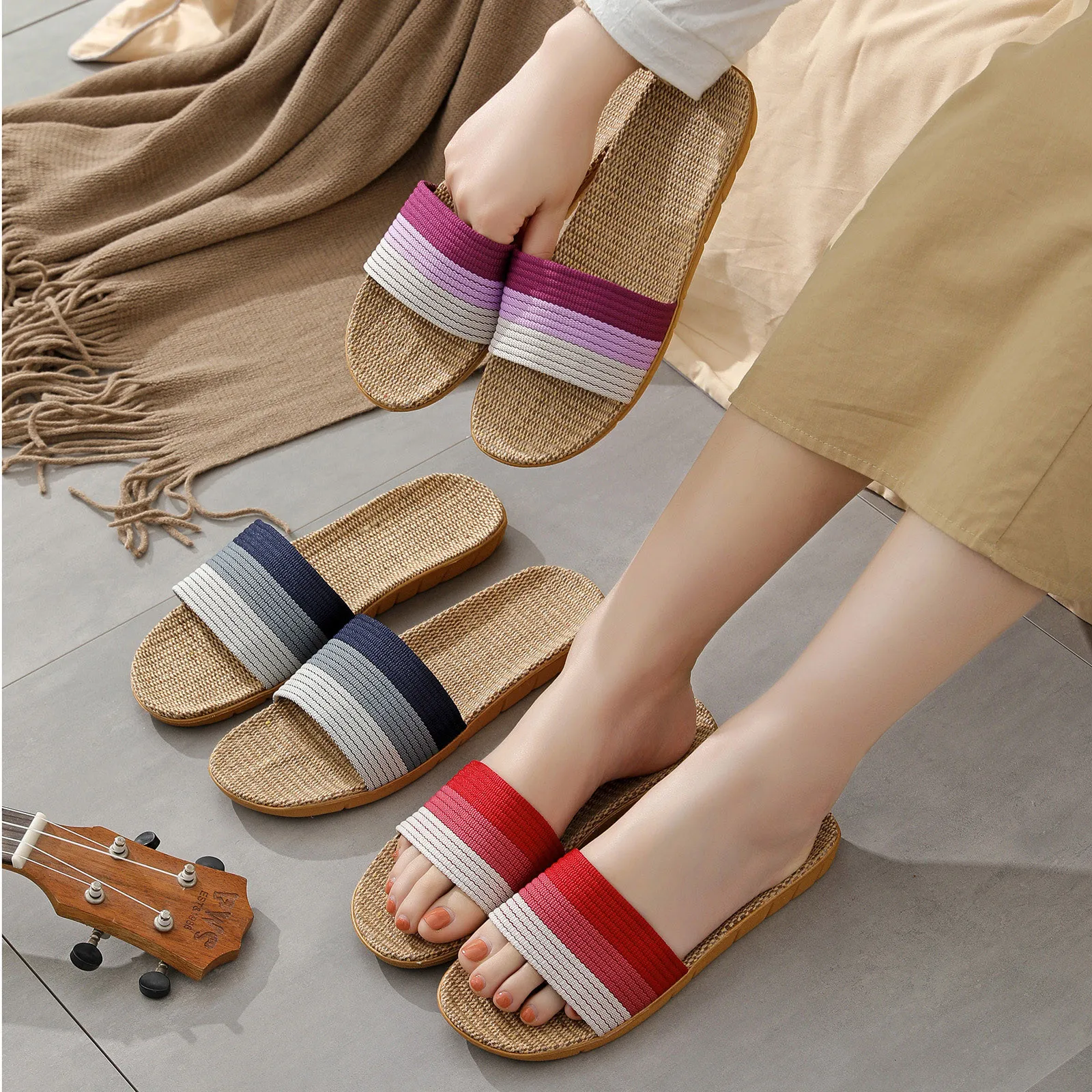 

Couples Slippers Lovers Fashion Home Linen Slip On Slides Breathable Anti-slip Indoor Flat Shoes Women Comfortable Home Slipper