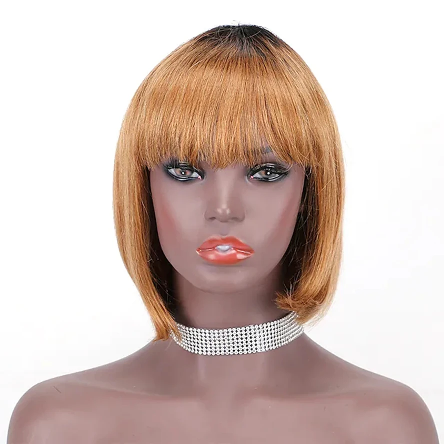 

Straight Human Hair Wigs with Bangs Short Bob None Lace Human Hair Wig Full Machine Wigs