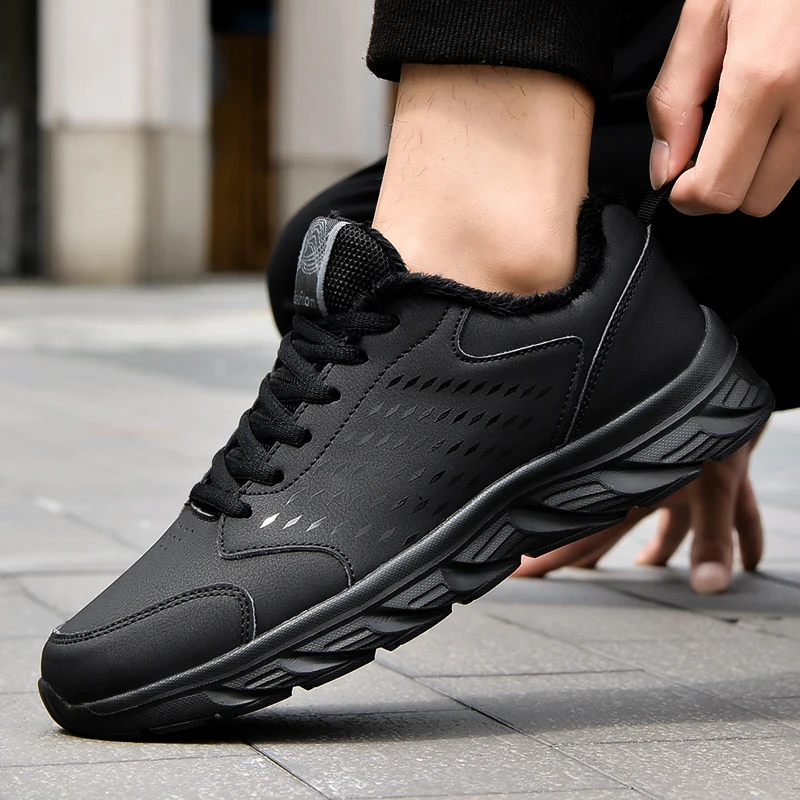 Водонепроницаемые зимние кожаные мужские туфли толстые плюшевые теплые