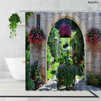pastoral flower retro stone wall door landscape shower curtains farm garden potted plant natural scenery print bathroom curtain