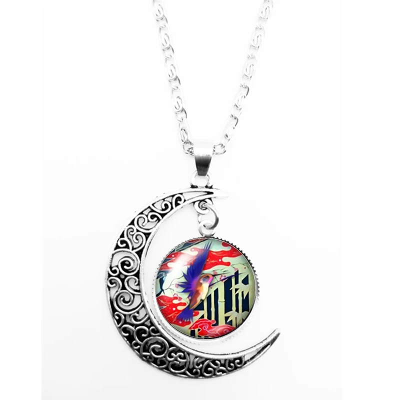 2020 New Cartoon Cute Bird and Flower Pattern Series Glass Cabochon Pendant Moon Necklace Girl Jewelry Gift | Украшения и